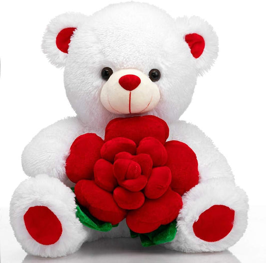 Teddy Bear Stuffed Animals Plush Bear Holding Rose Soft Plush Toy Valentine'S Day, 16 Inch, White