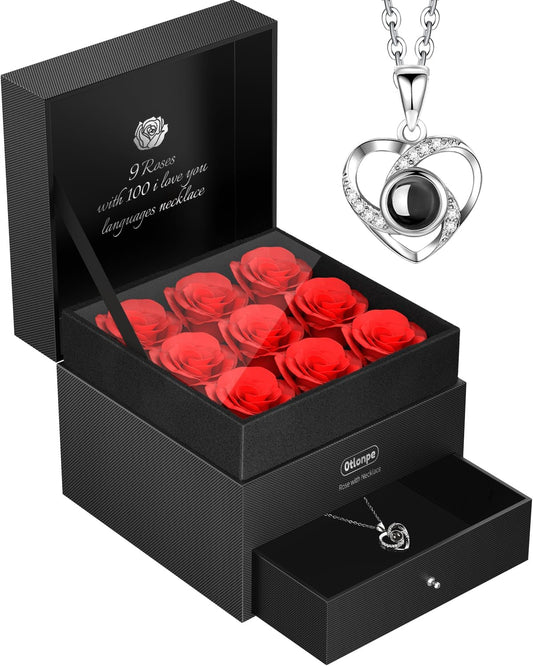 Valentines Day Gifts for Her,Birthday Gifts for Women,Romantic Valentines Gifts Roses Flowers for Wife,9 Roses Red Flowers with Necklace in Box Gifts for Mom Girlfriend